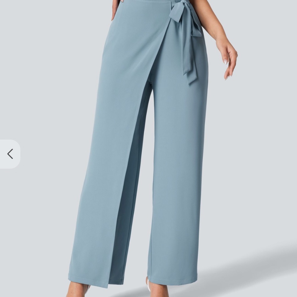 High Waisted Tie Side Invisible Zipper Wide Leg Work Pants